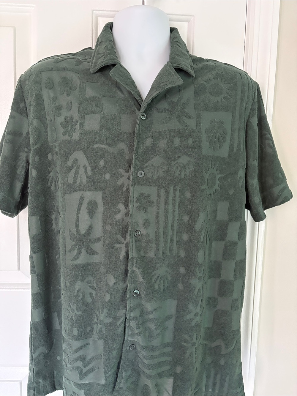 Mens Short-Sleeve Textured Button-Up Shirt - Olive Green